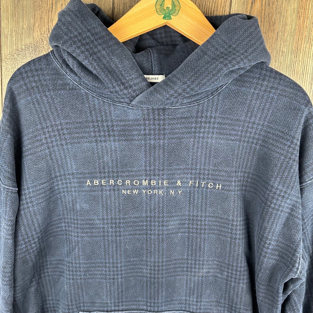 Abercrombie & Fitch Relaxed Plaid Fleece Hoodie Navy Blue Mens Medium Logo